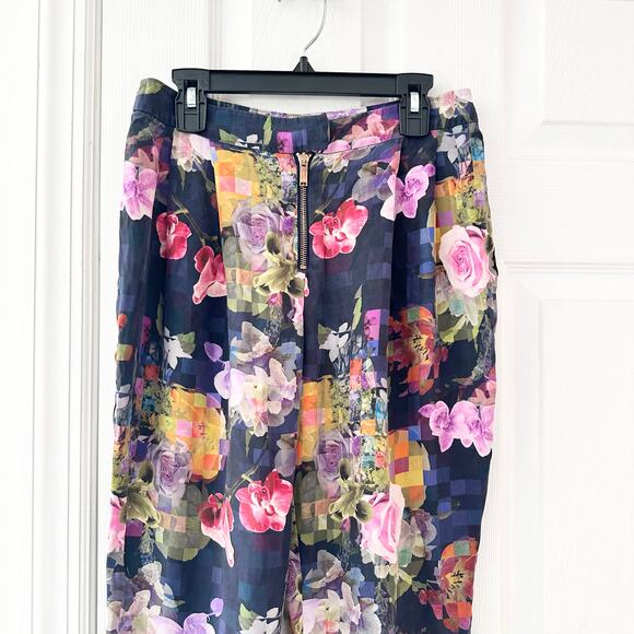 Matthew Williamson Blue Purple Pink Floral Silk Print Rose Gold Zipper Pants 6 - Picture 3 of 12
